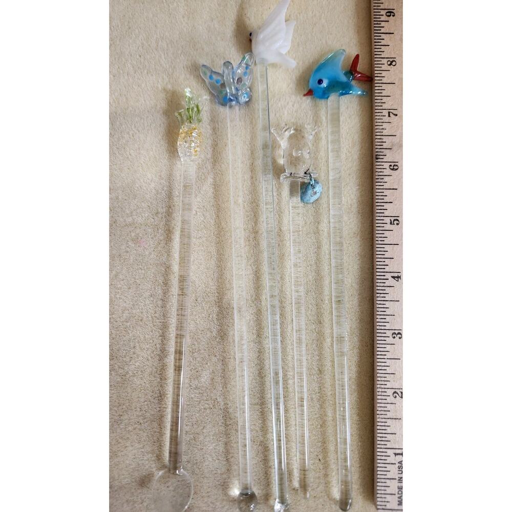 Five Vintage Glass Figure Top Stir Sticks Swizzles Barware